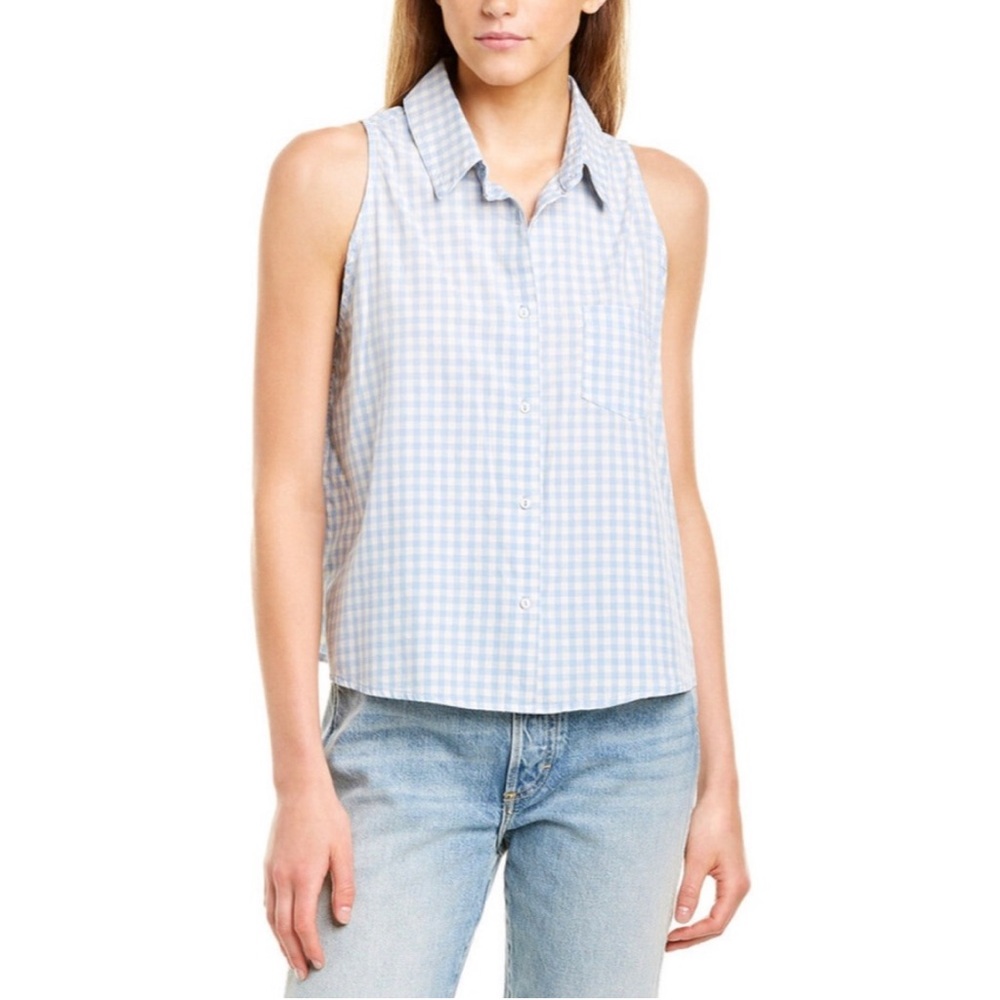 Sleeveless Blue Gingham Button-Front Shirt